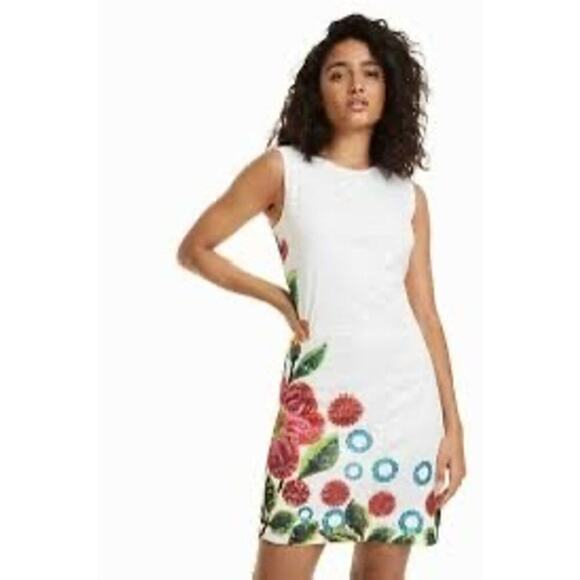 DESIGUAL White Lace Sheath Dress Bold Floral Print Accents Sz EUR 40 / US 6 - Picture 1 of 14